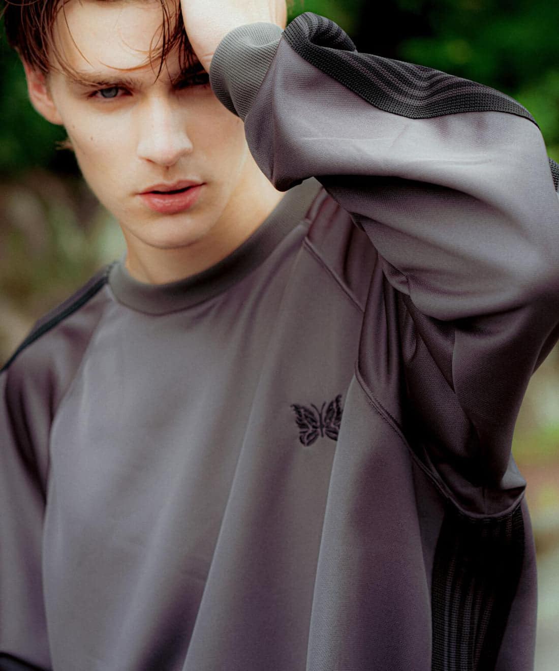 NEEDLES×BEAVER/ニードルズ×ビーバー/別注Track Crew Neck Shirt - Poly Smooth -CHARCOAL- 26FW トラッククルーネックシャツ CHARCOAL S