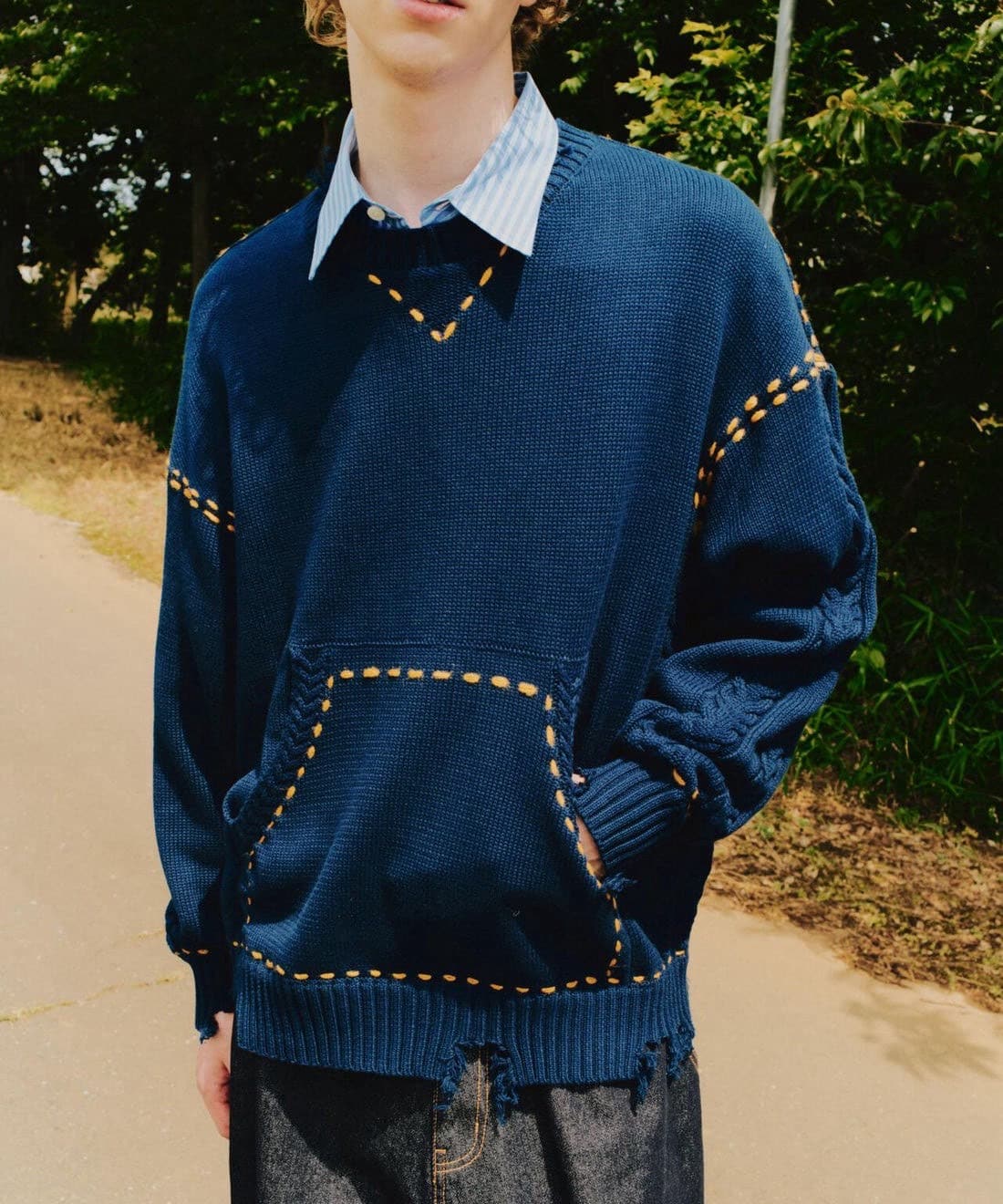 B omnivore/ビーオムニボー/HANDSTITCH CABLE KNIT CN ハンドステッチケーブルニットクルーネック ネイビー M