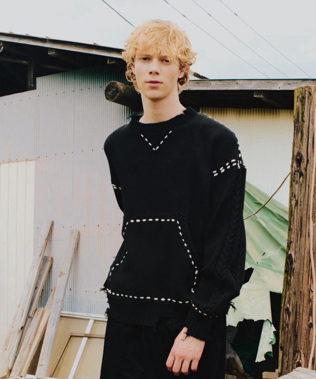 B omnivore/ビーオムニボー/HANDSTITCH CABLE KNIT CN ハンドステッチケーブルニットクルーネック ブラック M