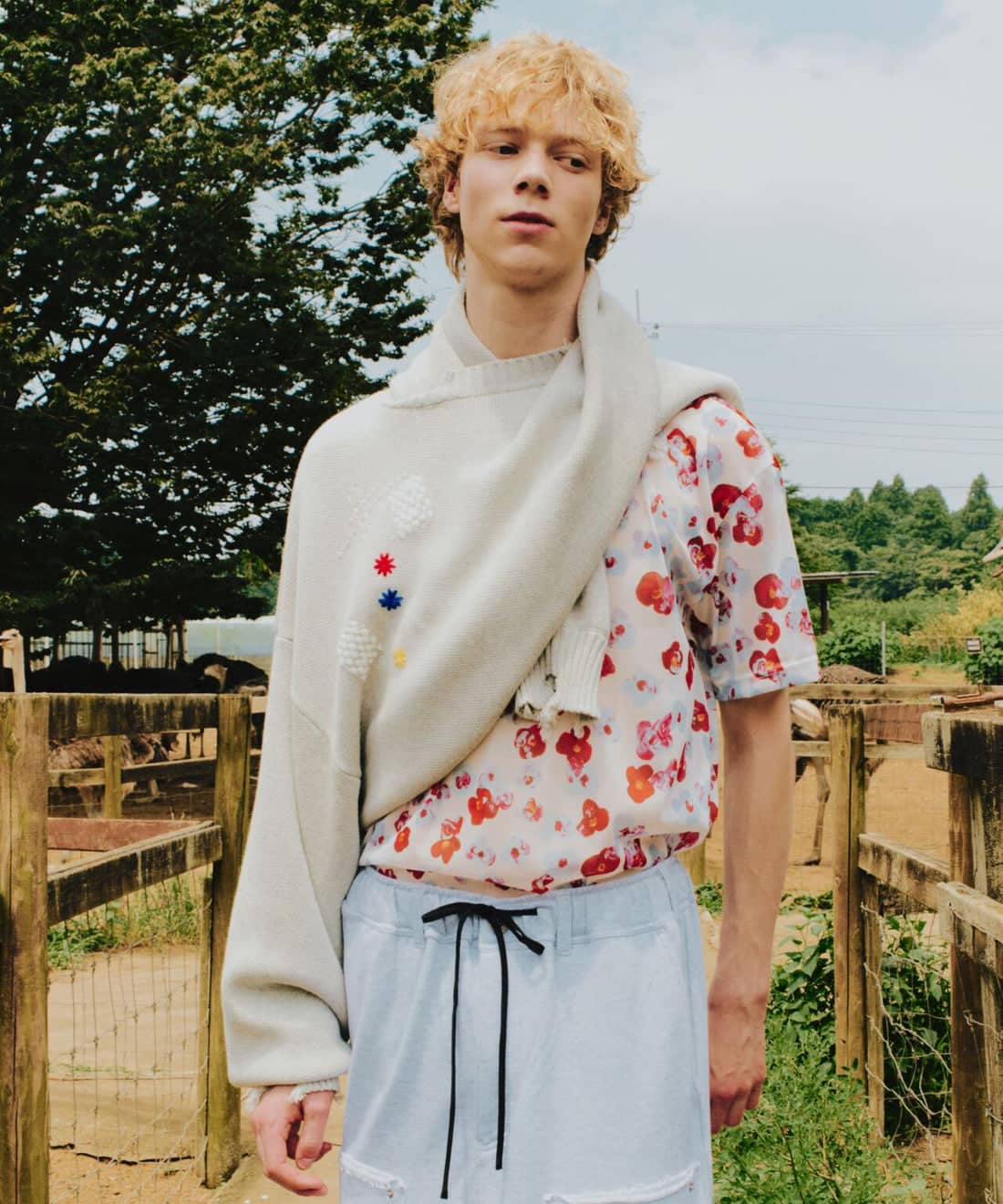 B omnivore/ビーオムニボー/HAND STITCH CREWNECK KNIT ハンドステッチクルーネックニット グレー M