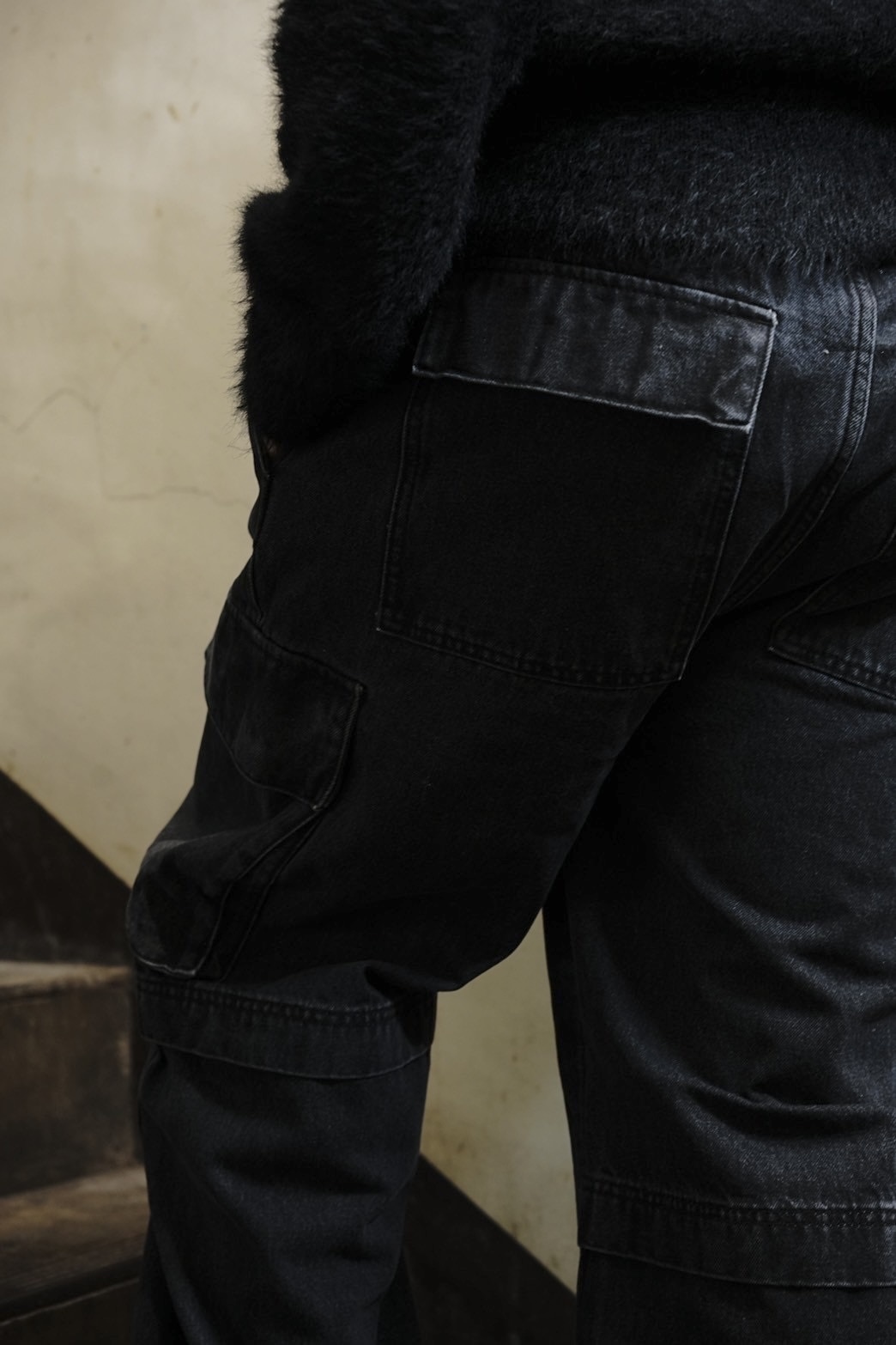 B omnivore/ビーオムニボー  BLACK DENIM CARGO PANTS　ブラックデニムカーゴパンツ BLACK S