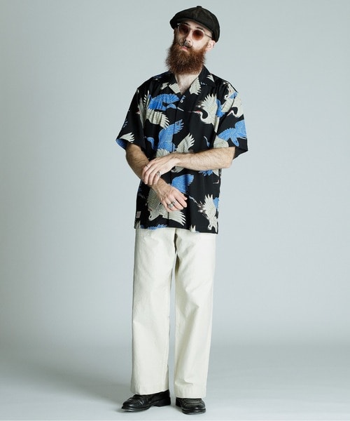 Schott/ショット/×PJ/×パイナップルジュース/RAYON SHIRT CRANE/レーヨンシャツ クレーン BLACK M