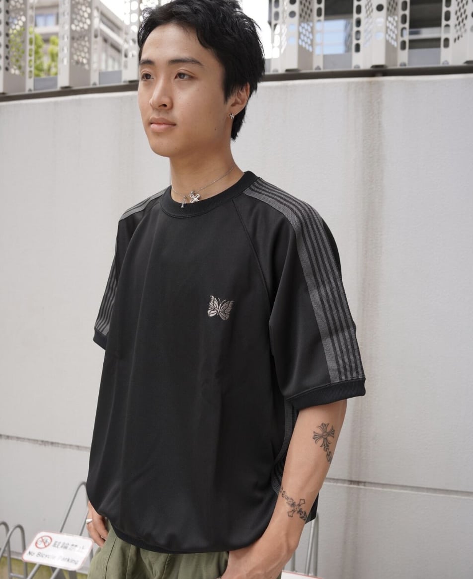NEEDLES×BEAVER/ニードルズ×ビーバー/別注TRACK S/S CREW NECK SHIRT - POLY SMOOTH. -BLACK- BLACK M