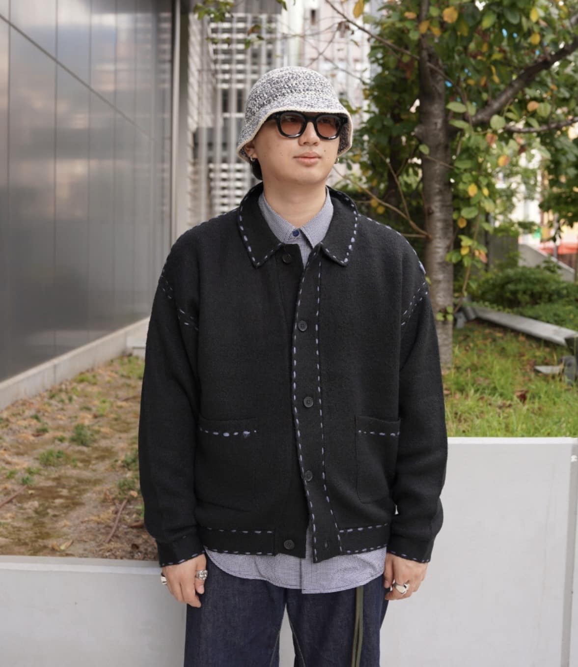 B omnivore/ビーオムニボー/起毛KNIT HAND JACKET ステッチ ニットハンドジャケット ニットシャツ ブラック M