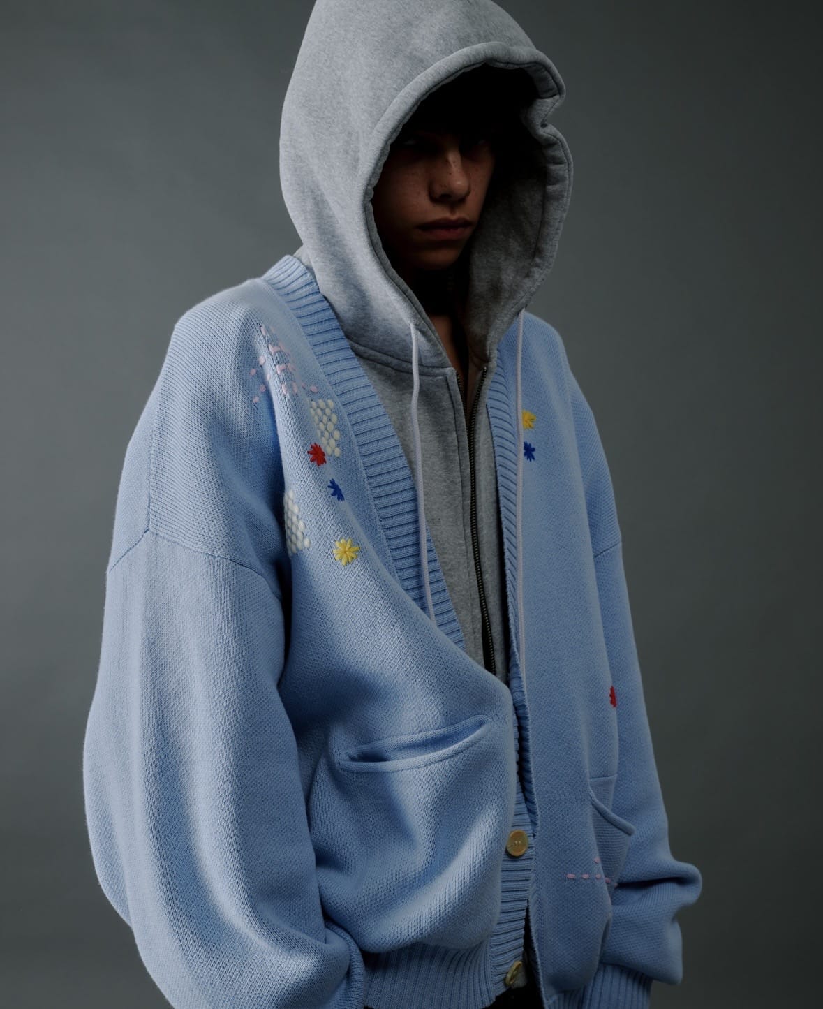 B omnivore/ビーオムニボー/HAND STITCH CARDIGAN ハンドステッチカーディガン サックスブルー M