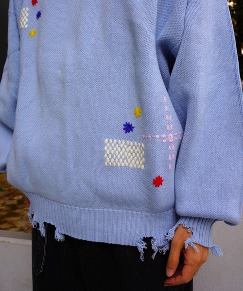 B omnivore/ビーオムニボー/HAND STITCH CREWNECK KNIT ハンドステッチクルーネックニット サックスブルー M