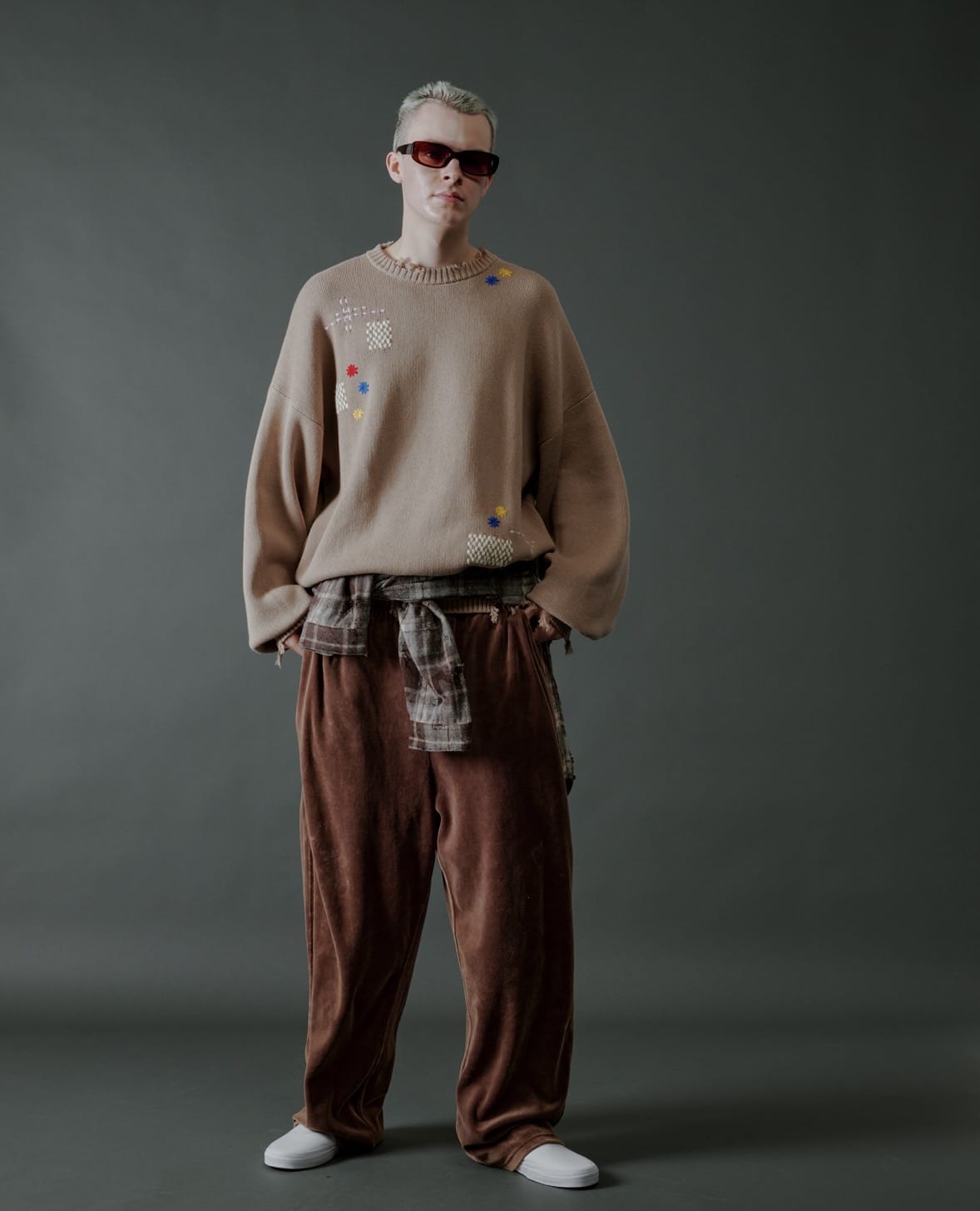 B omnivore/ビーオムニボー/HAND STITCH CREWNECK KNIT ハンドステッチクルーネックニット ベージュ M