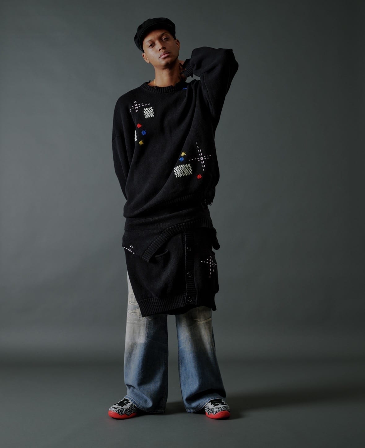 B omnivore/ビーオムニボー/HAND STITCH CREWNECK KNIT ハンドステッチクルーネックニット BLACK M