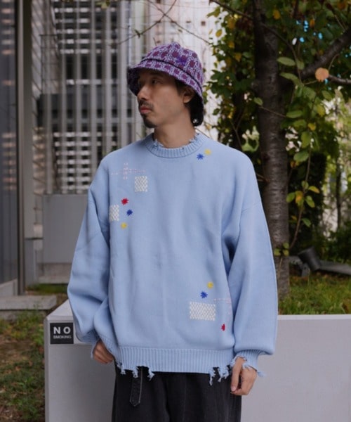 B omnivore/ビーオムニボー/HAND STITCH CREWNECK KNIT ハンドステッチクルーネックニット サックスブルー M