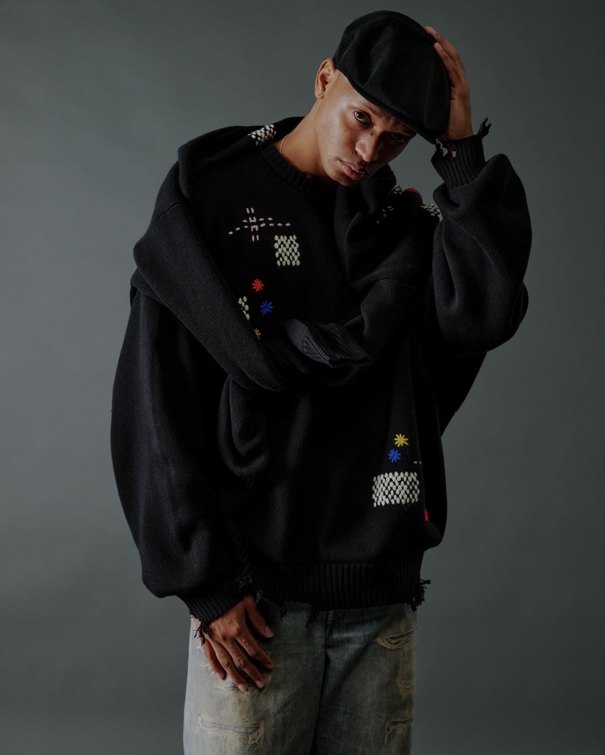 B omnivore/ビーオムニボー/HAND STITCH CREWNECK KNIT ハンドステッチクルーネックニット BLACK M
