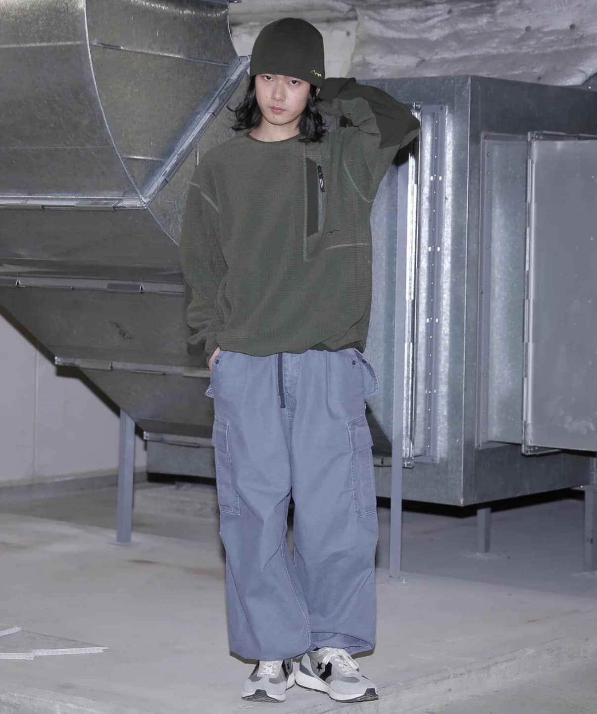 MANASTASH/マナスタッシュ/GRID FLEECE CREW olive S