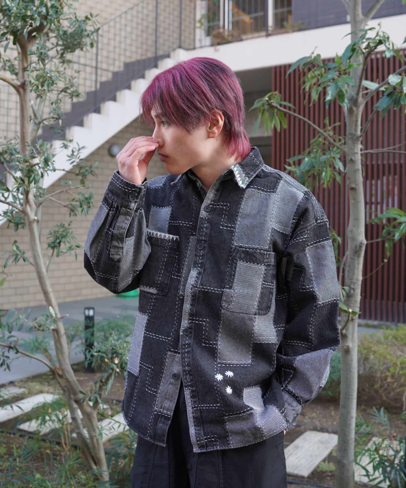 B omnivore/ビーオムニボー/PATCHWORK DENIM SHIRT デニムシャツ ブラック M