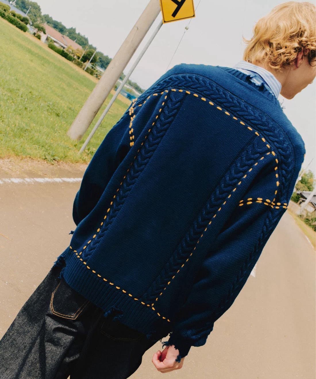 B omnivore/ビーオムニボー/HANDSTITCH CABLE KNIT CN ハンドステッチケーブルニットクルーネック ネイビー M