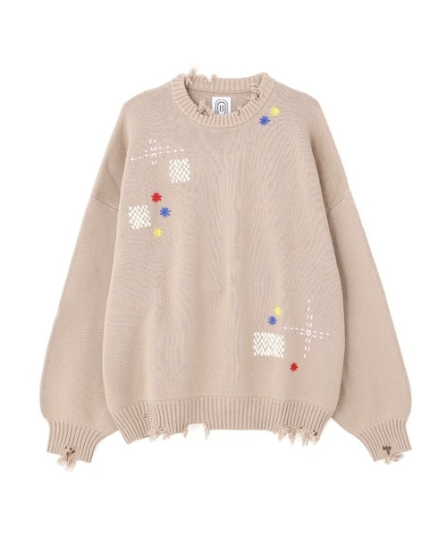 B omnivore/ビーオムニボー/HAND STITCH CREWNECK KNIT ハンドステッチクルーネックニット ベージュ M