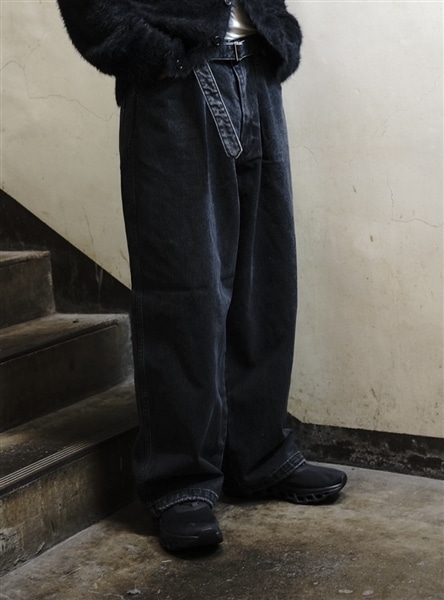 B omnivore/ビーオムニボー/BLACK DENIM BELT LOOSE PANTS ブラックデニムベルトルーズパンツ BLACK S