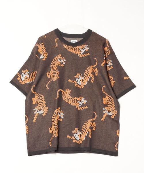 B omnivore/ビーオムニボー  RNトラ総柄WJQD クルーネックS/S チャコールグレー M