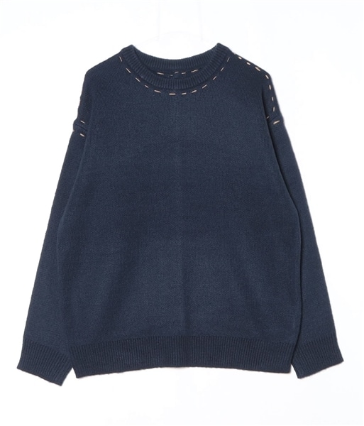 B omnivore/ビーオムニボー/BO アクリル起毛KNIT HAND CREW ニット　ステッチ ネイビー M