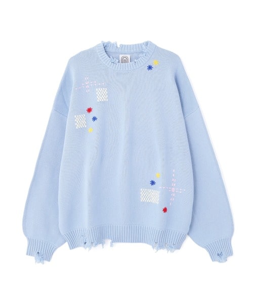 B omnivore/ビーオムニボー/HAND STITCH CREWNECK KNIT ハンドステッチクルーネックニット サックスブルー M