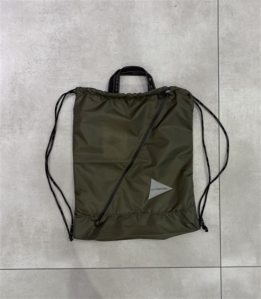 and wander/アンドワンダー/crispy rip drawstrung bag ドローストリングバッグ KHAKI FREE