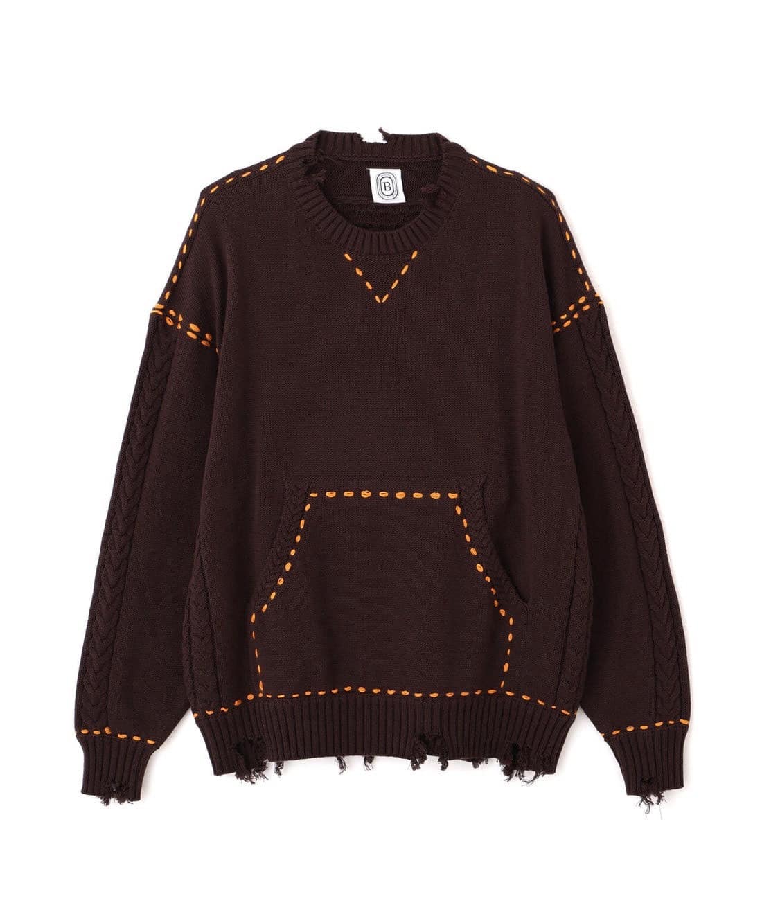 B omnivore/ビーオムニボー/HANDSTITCH CABLE KNIT CN ハンドステッチケーブルニットクルーネック ブラウン M