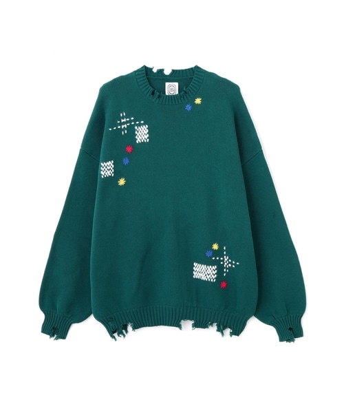 B omnivore/ビーオムニボー/HAND STITCH CREWNECK KNIT ハンドステッチクルーネックニット グリーン M