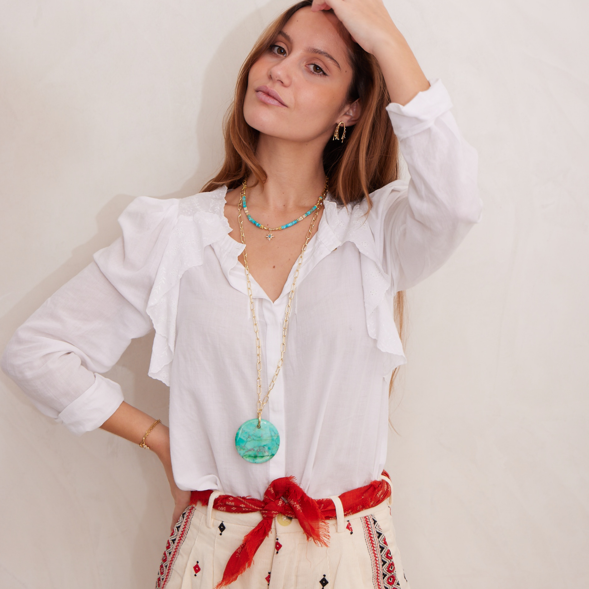 TURQUOISEストーンロングネックレス ゴールド Free