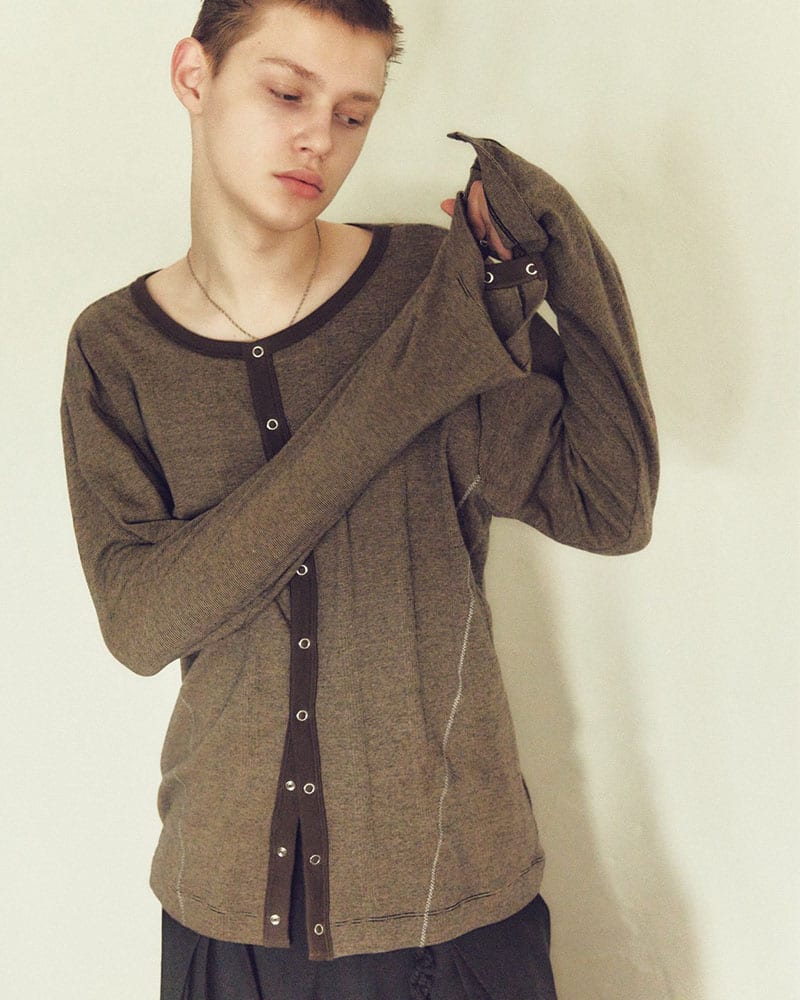 Robert P. Miller×KOOI  STITCH PANEL RIBBED CARDIGAN -BROWN- BROWN 1