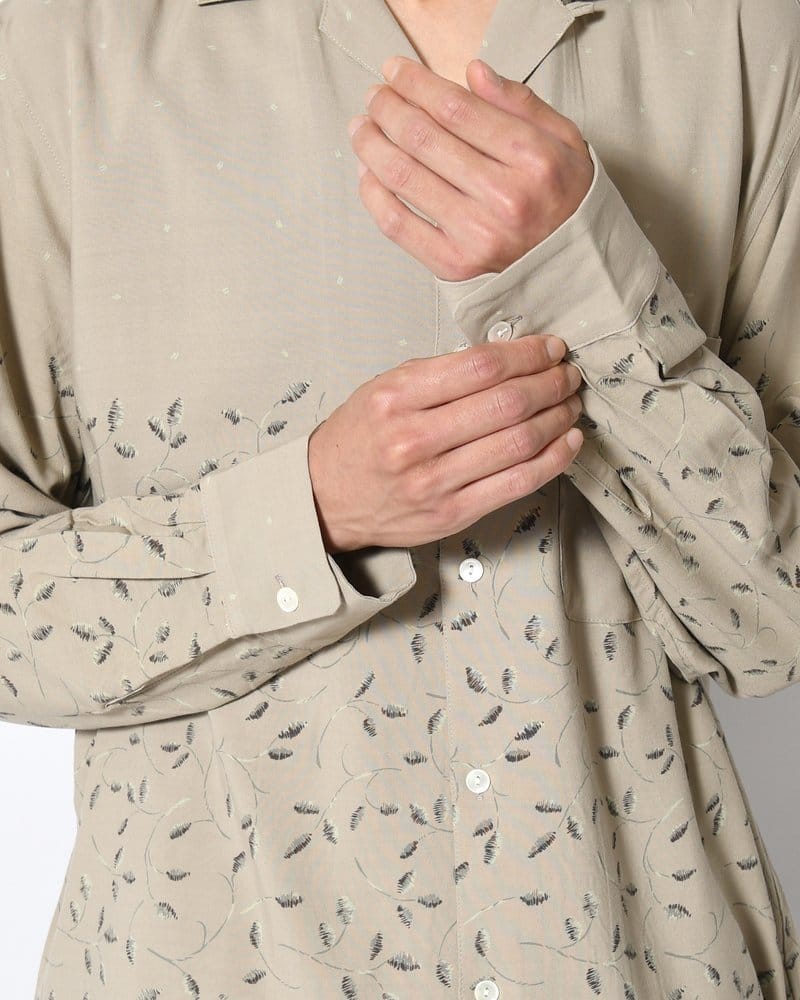 SEVEN BY SEVEN  OPEN COLLAR SHIRTS -Botanical print -GRAY KHAKI- GRAY KHAKI S