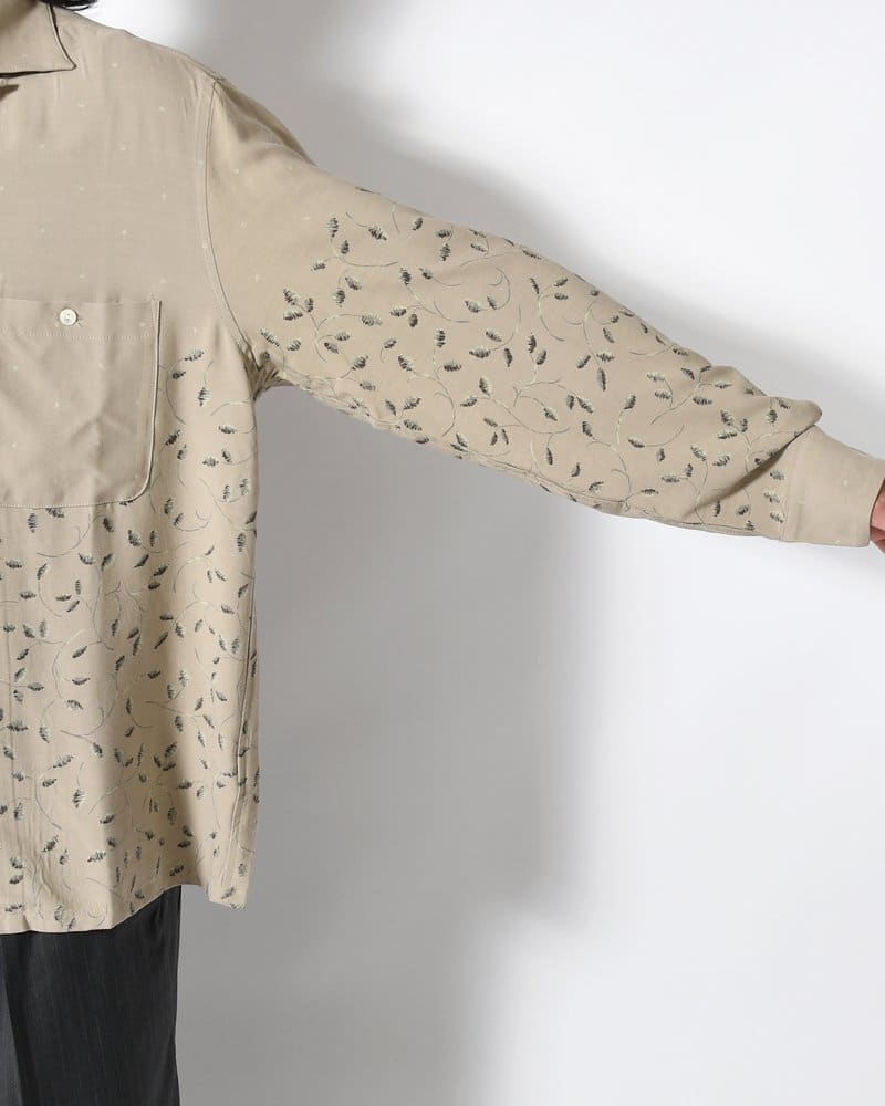 SEVEN BY SEVEN  OPEN COLLAR SHIRTS -Botanical print -GRAY KHAKI- GRAY KHAKI S