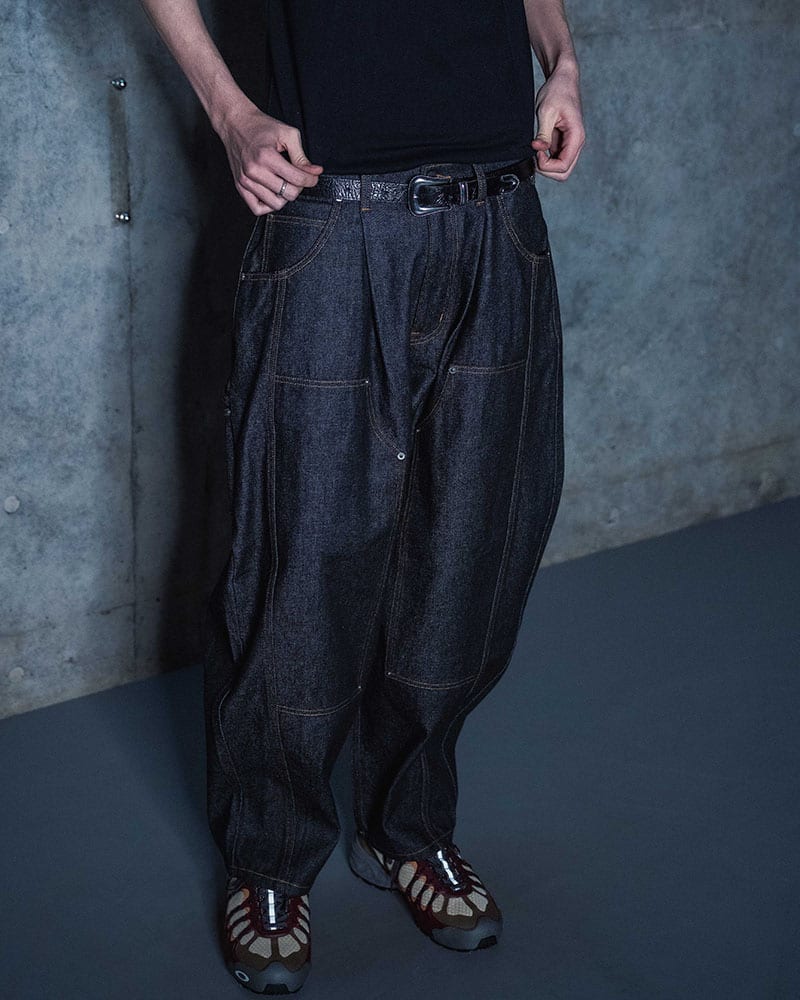 HIGH-GATE  HALF DOUBLE KNEE BAGGY DENIM BLACK 1