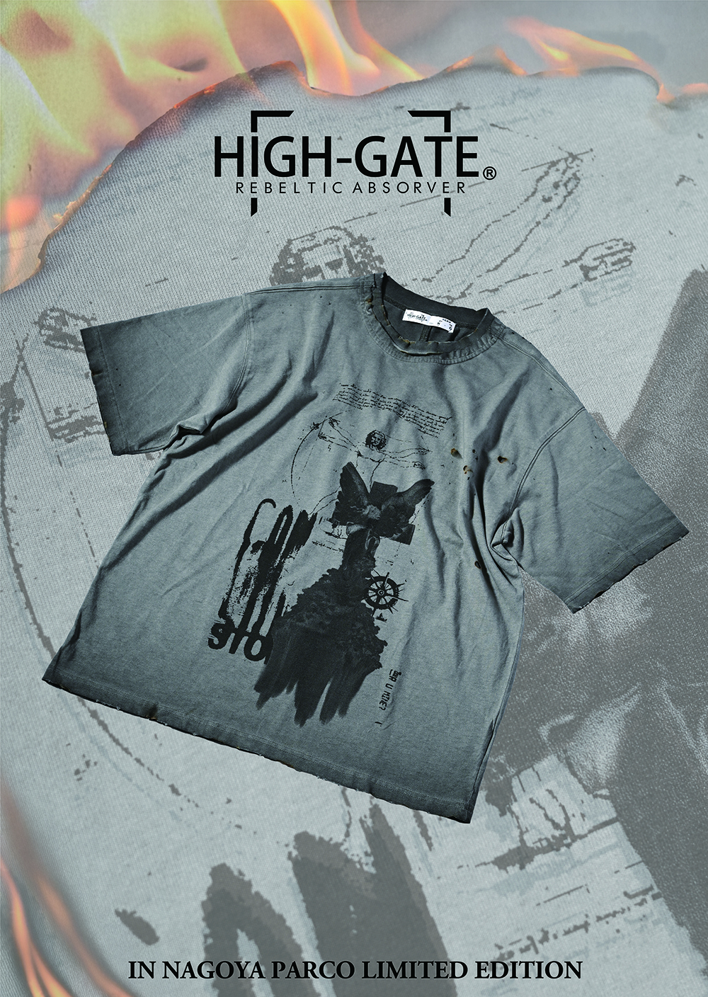 HIGH-GATE BURN FADE DAMAGE TEE (IN NAGOYAPARCO LIMITED EDITION） GRY 1