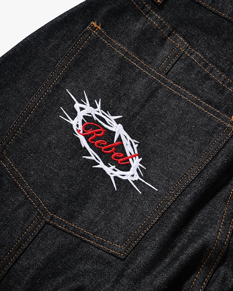 HIGH-GATE  HALF DOUBLE KNEE BAGGY DENIM BLACK 1