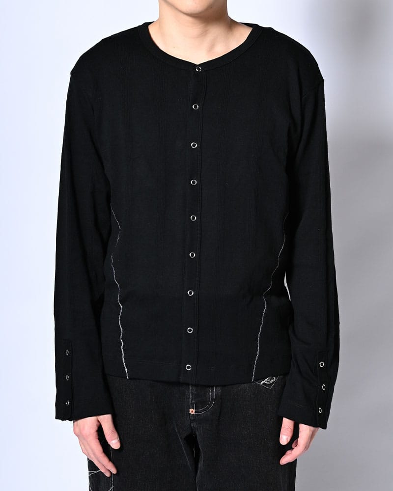 Robert P. Miller×KOOI  STITCH PANEL RIBBED CARDIGAN -BLACK-