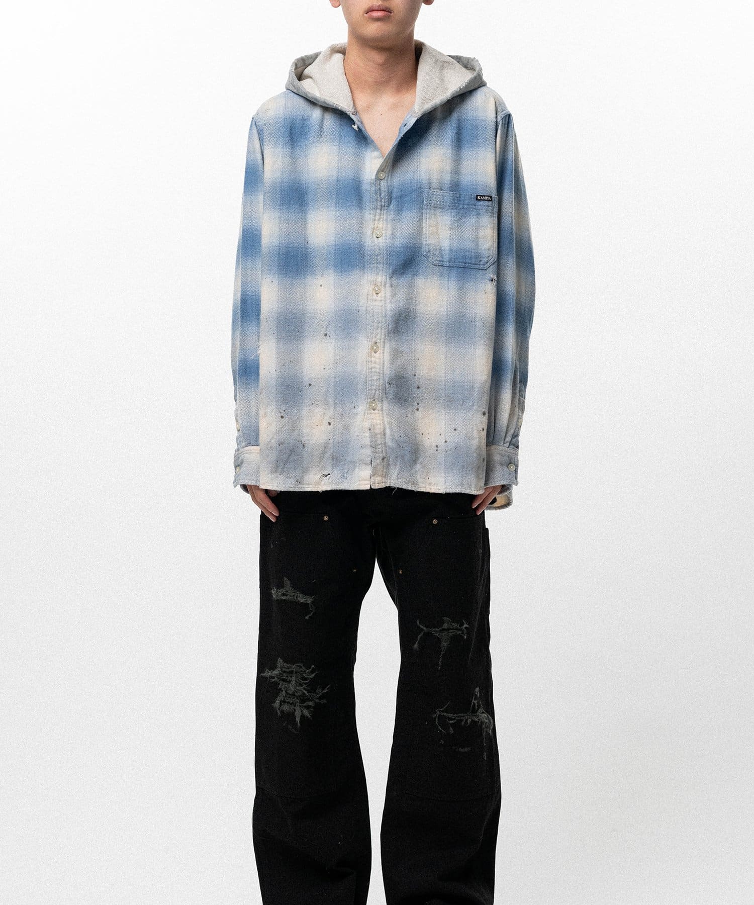  KAMIYA (カミヤ) / Distressed Hooded Checked Shirt / BLUE /S BLUE S
