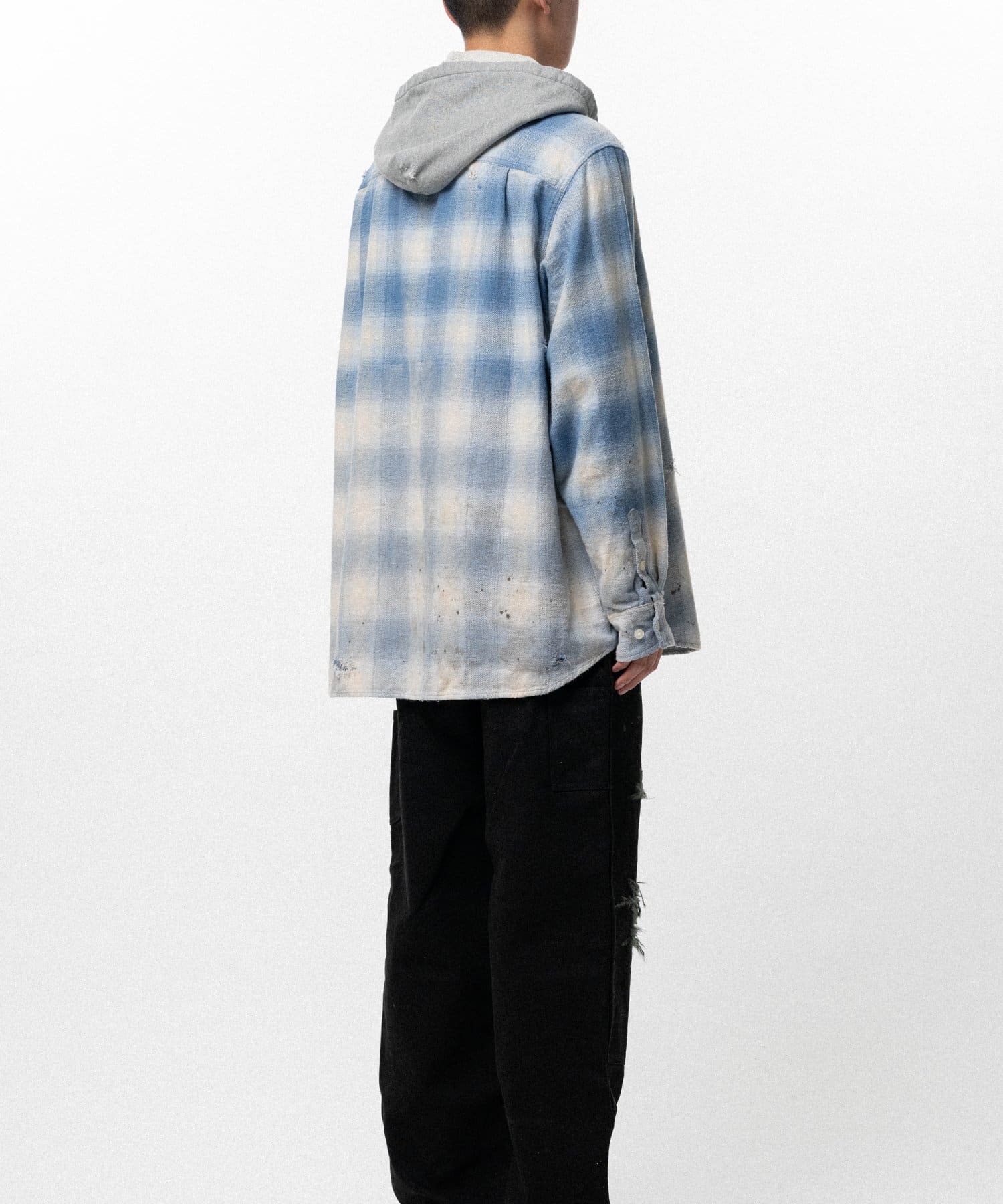  KAMIYA (カミヤ) / Distressed Hooded Checked Shirt / BLUE /S BLUE S