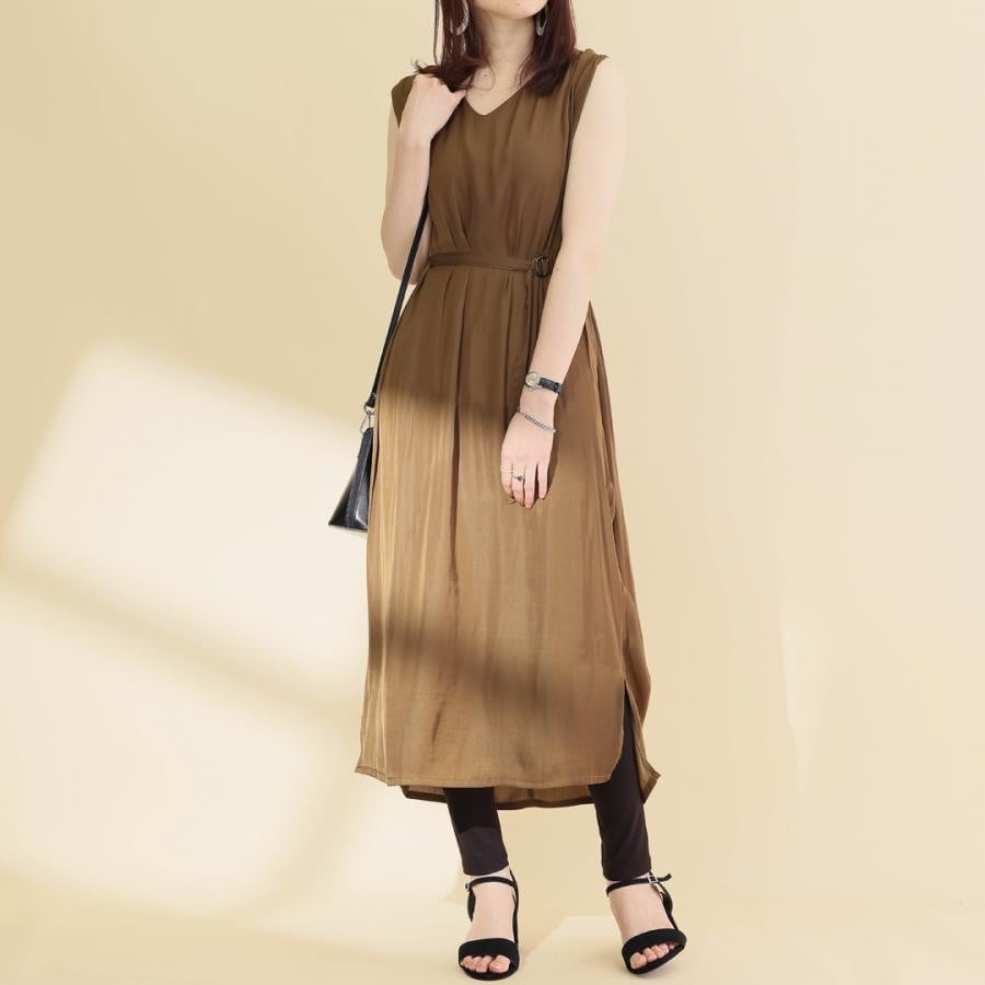 ベルト付きマキシワンピース キャメル F