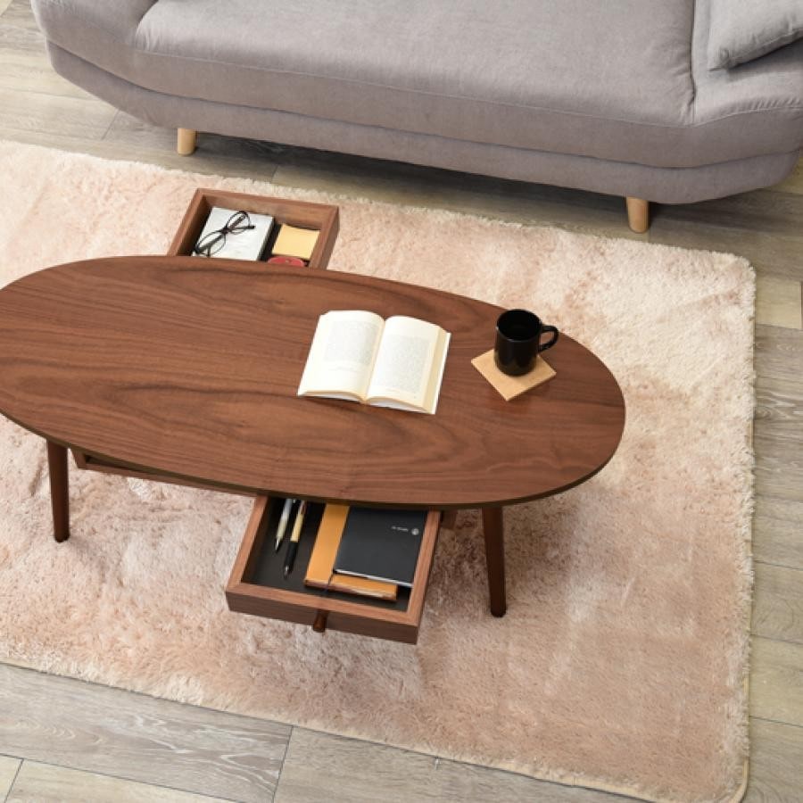 引き出し付き（2個）ローテーブル〈オーバル〉 ブラウン