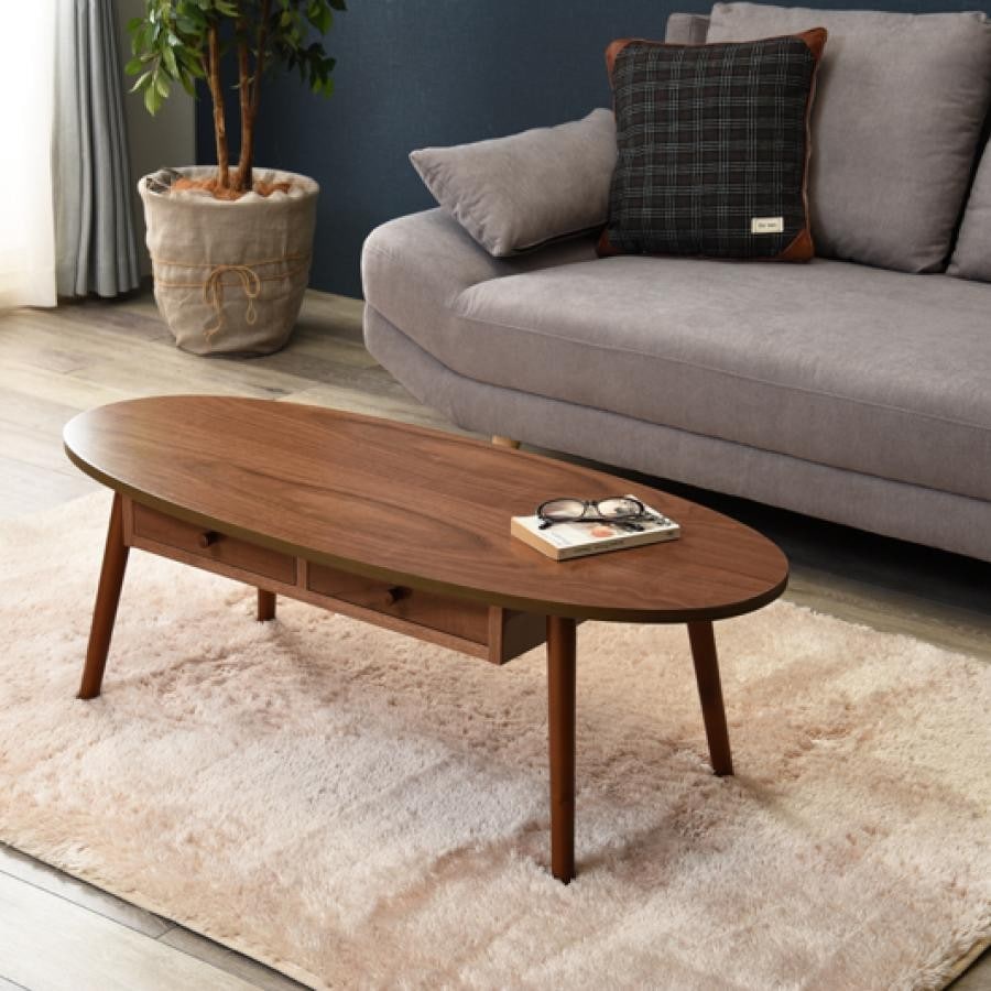 引き出し付き（2個）ローテーブル〈オーバル〉 ブラウン