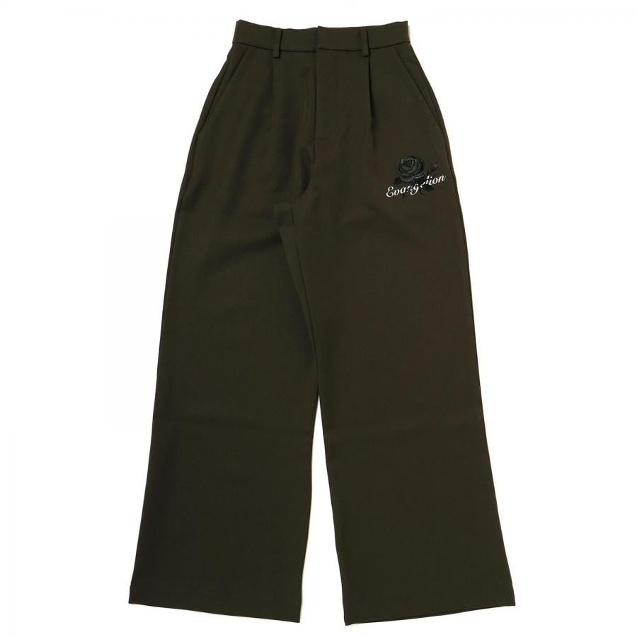 EVA-01 Flower Embroidery Wide Slacks (OLIVE) OLIVE SMALL