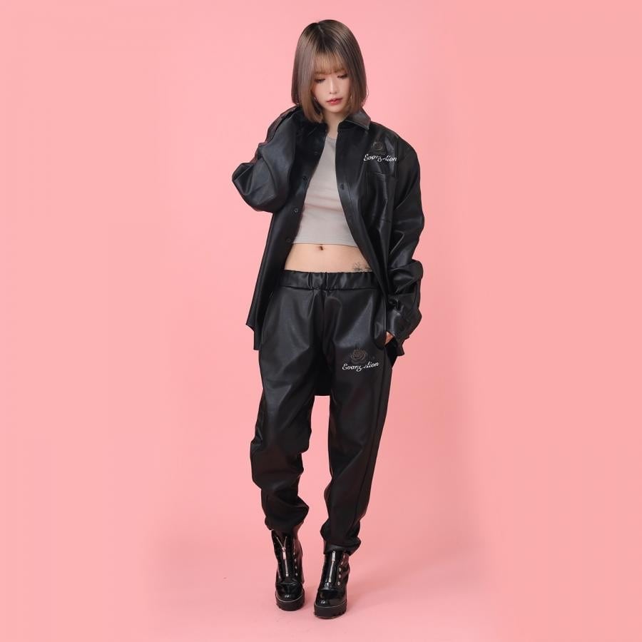 EVA-01 Flower Embroidery Vegan Leather Pants (BLACK) BLACK L