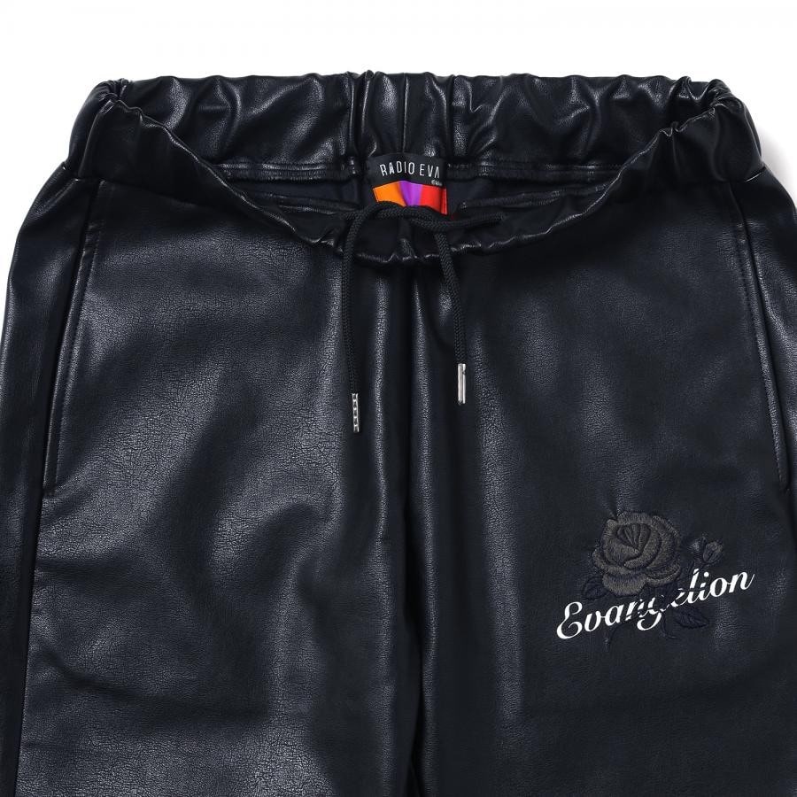 EVA-01 Flower Embroidery Vegan Leather Pants (BLACK) BLACK XL
