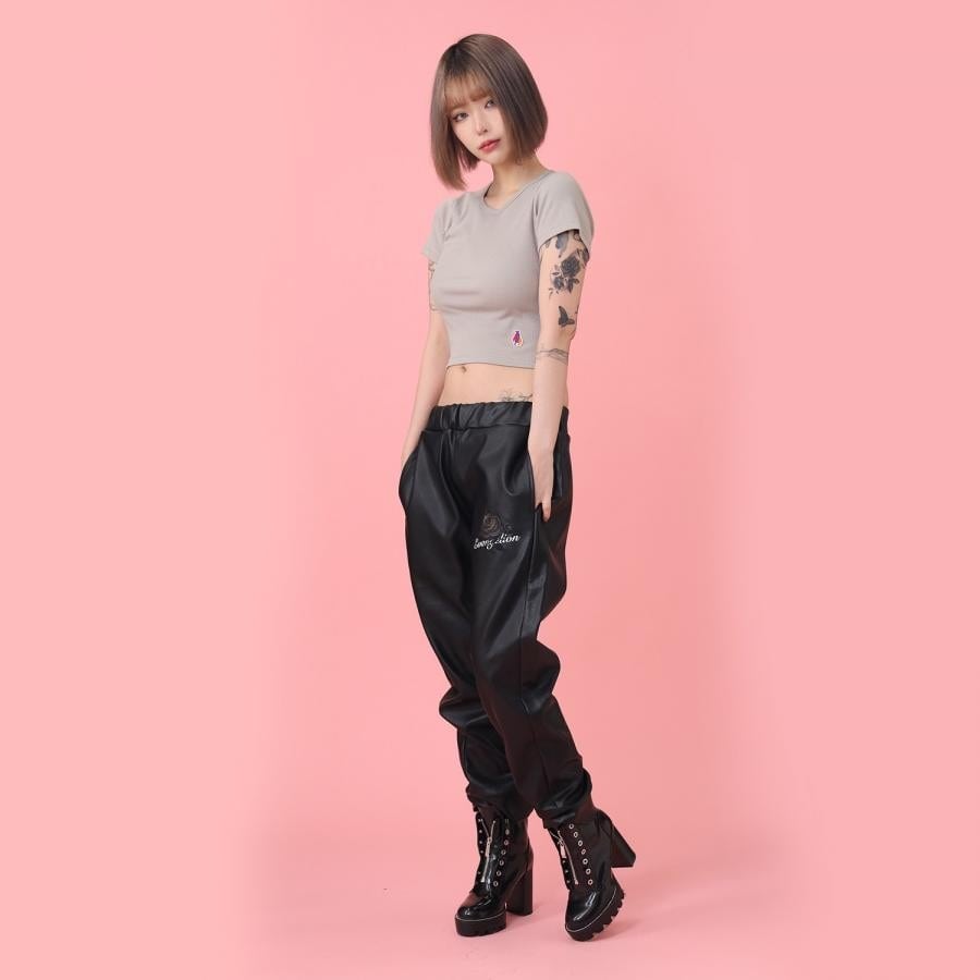 EVA-01 Flower Embroidery Vegan Leather Pants (BLACK) BLACK XL