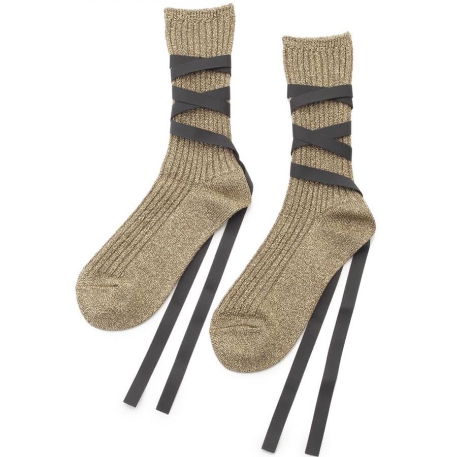 GLITTER RIBBON LACE UP SOCKS GLD F
