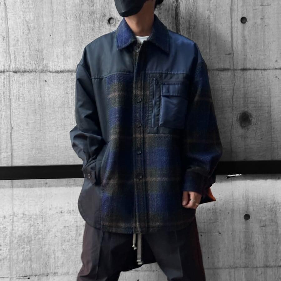 【Feng Chen Wang】PANELLED FLANNEL SHIRT JACKET(NAVY)