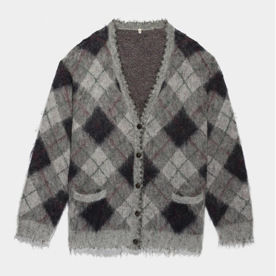 R13FLUFFY PLAID OVERSIZED DISTRESSED EDGE CARDIGANGREYGREEN GREY/GREEN L