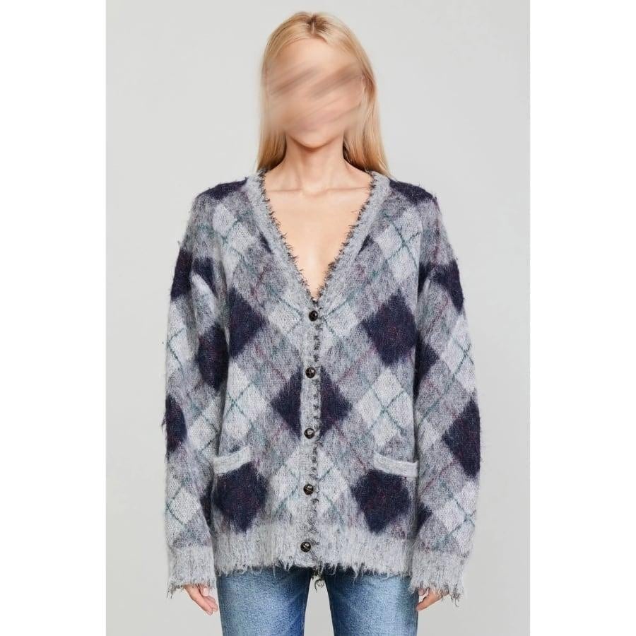 R13FLUFFY PLAID OVERSIZED DISTRESSED EDGE CARDIGANGREYGREEN GREY/GREEN L