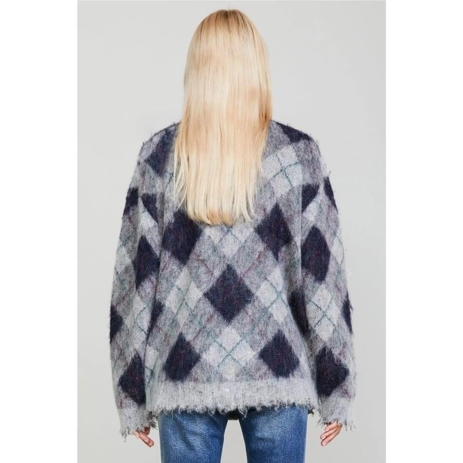 R13FLUFFY PLAID OVERSIZED DISTRESSED EDGE CARDIGANGREYGREEN GREY/GREEN L
