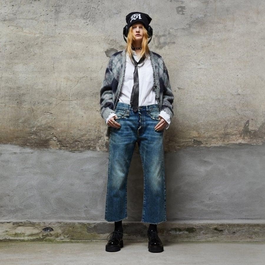 R13FLUFFY PLAID OVERSIZED DISTRESSED EDGE CARDIGANGREYGREEN GREY/GREEN L