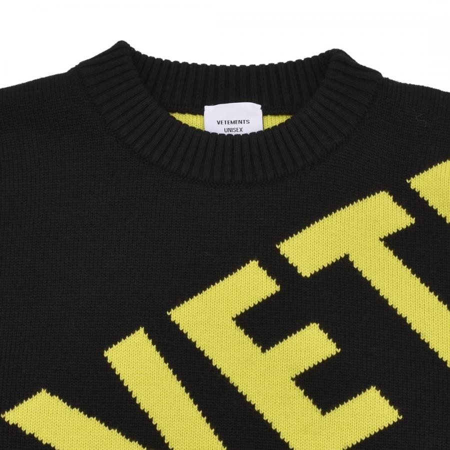 【VETEMENTS】GIANT LOGO KNITTED SWEATER BLACK/NEON YELLOW S