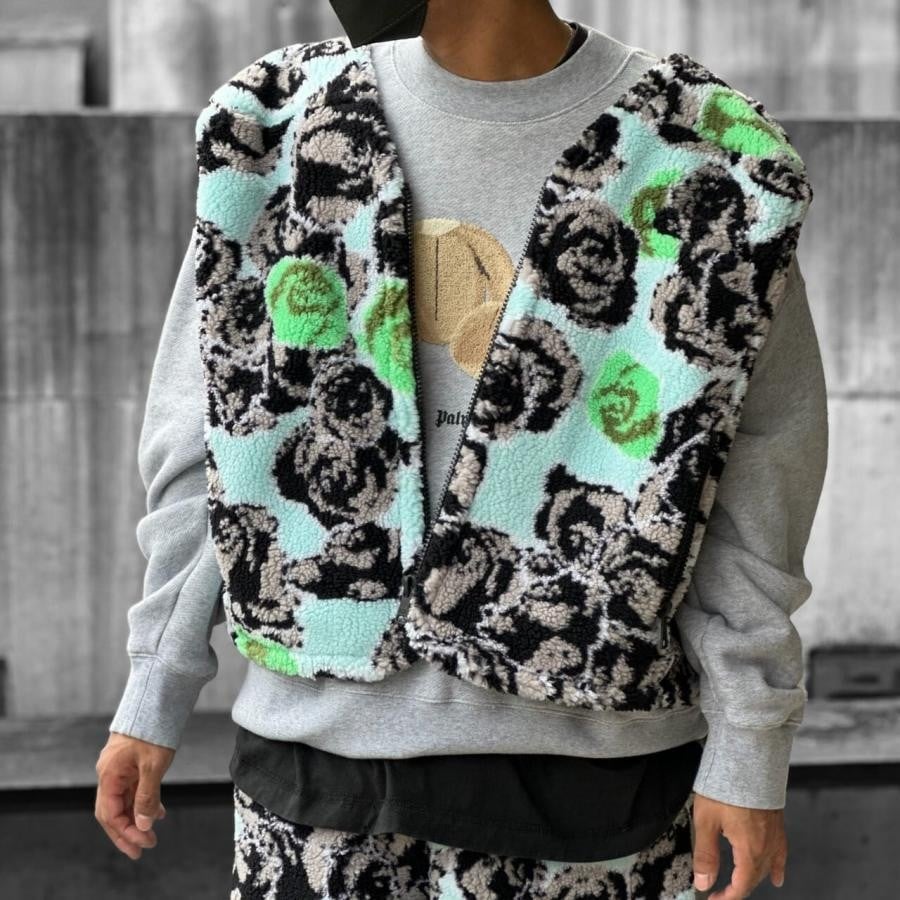 【NATASHA ZINKO】PIXEL ROSES PRINT FLEECE FUR VEST(BLUE) BLUE XXS